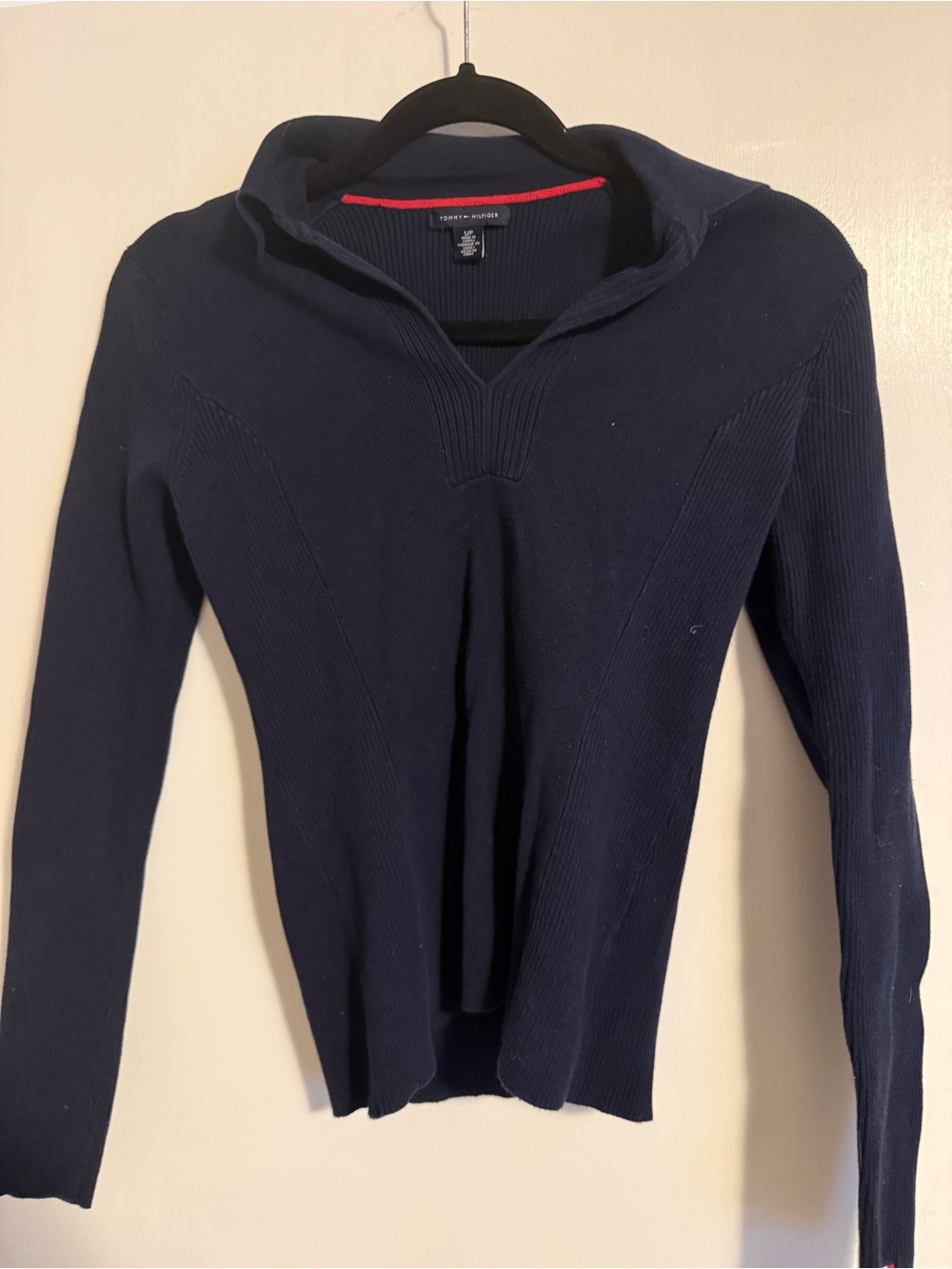 Tommy Hilfiger Navy Ribbed Cowl Sweater with Red Trim